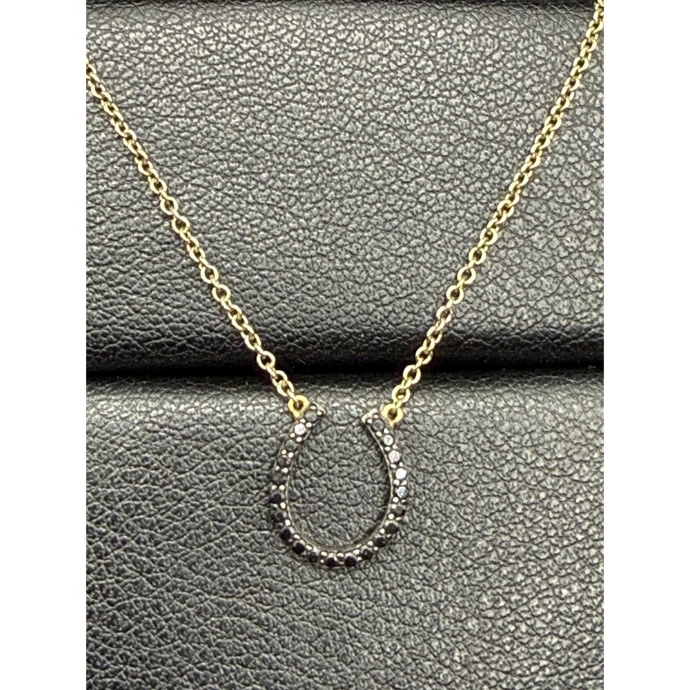 Vintage Gold Sterling Silver Black CZ Horseshoe Dainty Pendant Necklace J16